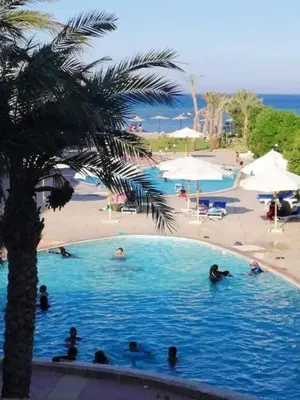 a group of people in a swimming pool next to a beach at Furnished Chalets for Rent in Cecilia Resort Furnteched, kitchenee, Near Airport in Hurghada
