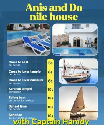 a flyer for a ms and do mike house with a boat at Nile House Anis & Do in Luxor