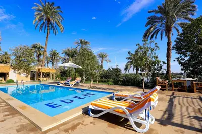 a pool with two lounge chairs and palm trees at Eden on the Nile in Luxor