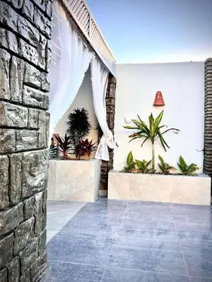 a patio with potted plants and a stone wall at Touristic Center in Hurghada
