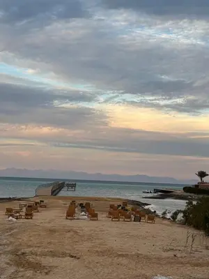 a group of chairs on a beach near the water at البلكان بيتش ريزورت Balkan Beach Resor in Hurghada