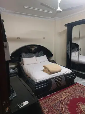 a bedroom with a large bed with a mirror at Horus apartment in Al Bayāḑīyah