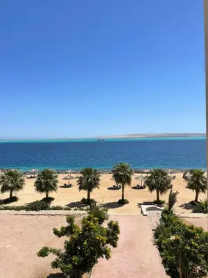 a view of a beach with palm trees and the ocean at Doplex for rent in the view 18 in Hurghada