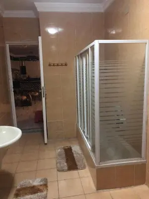 a bathroom with a shower with a sink and a toilet at cozy penthouse in New Cairo in Kharga