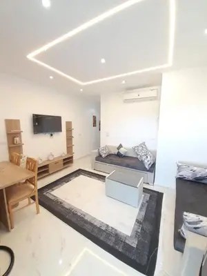 a living room with a couch and a tv at Adler-Hurghada Holiday apartment sea view rooftop pool 80m to beach in Hurghada