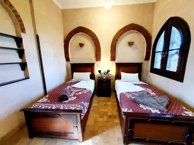 a bedroom with two beds and a cat laying on the bed at Riverbank House in Luxor