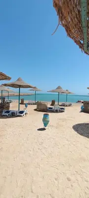 a beach with chairs and umbrellas and the ocean at Hurghada Fiesta Resort Studio 232 Beach in Hurghada