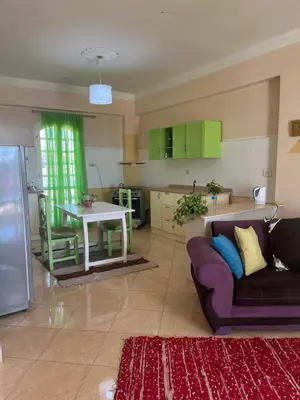 a living room with a couch and a kitchen at Roses House Ladies & families only in Luxor
