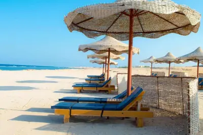 a row of lounge chairs and umbrellas on a beach at Oysterbay in Marsa Alam