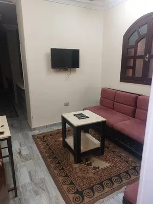 a living room with a red couch and a table at الاقصر امتداد ش التليفزيون in Al Bayāḑīyah