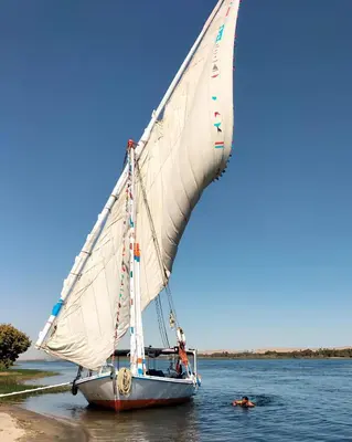 a boat with a large white sail in the water at valleyofthenileadventures in Luxor