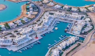 an aerial view of a marina with boats at Luxury Stays in Fanadir Marina El Gouna in Hurghada