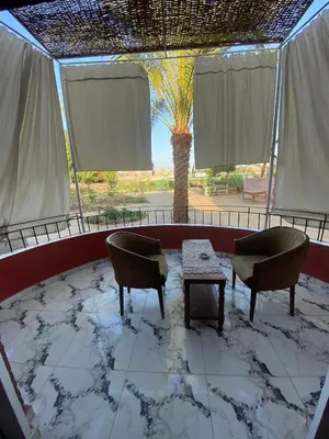 a room with two chairs and a table and a palm tree at Nile Garden Apartments in Luxor