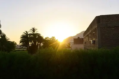 a sunset over a field with a building and palm trees at Flamingo Memnon Guest House in Luxor