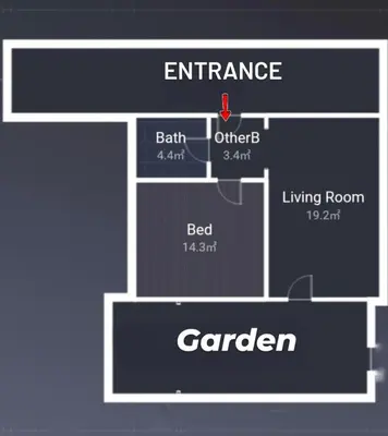 a diagram of a room with an entrance and garden at Modern ground one bedroom apt G cribs in El Gouna
