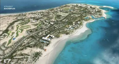 an aerial view of an island in the ocean at Beachfront Apartment Somabay in Hurghada
