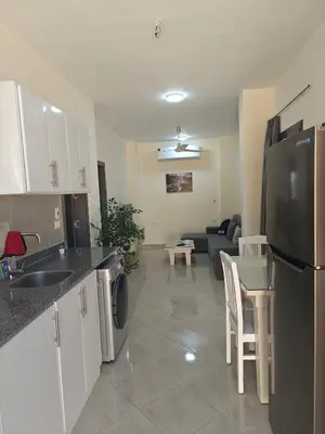 a kitchen with a refrigerator and a living room at Bayt Hassan S18 - Fabulous Roof top 1 bedroom apartment in Hurghada