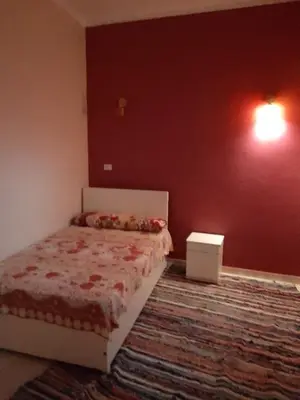 a bedroom with a bed and a red wall at Neu Student Home 2 in Jazīrat Aswān