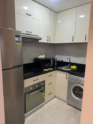 a kitchen with a stainless steel refrigerator and a dishwasher at Apartment with private beach 09D in Hurghada