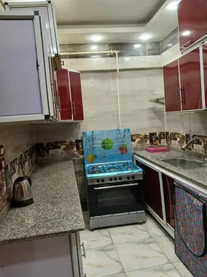 a small kitchen with a stove and a sink at شقه فاخره مجهزه بالكامل مكيفه مع ثلاث غرف في وسط الاقصر in Luxor