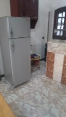 a kitchen with a refrigerator in a room at The Nile apartment in Luxor