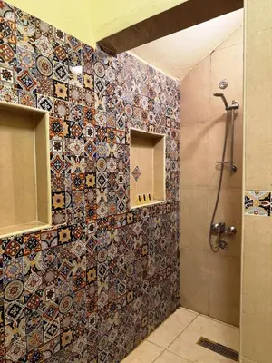 a bathroom with a shower with mosaic tiles on the wall at Nile Compound Garden in Al Aqālitah