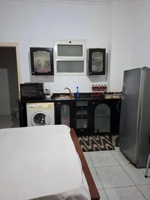 a room with a kitchen with a refrigerator and a stove at Lotos studio in Hurghada