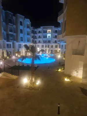 a swimming pool at night with a palm tree and buildings at Aqua infinity in Hurghada