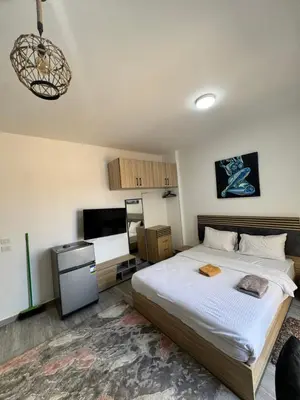 a bedroom with a large bed and a tv at Studio 511 imperial resort in Hurghada