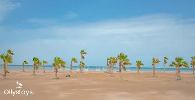 a man running on a beach with palm trees at Ollystays Mangroovy Seaview 1BR Beach and Pool Free access in Hurghada