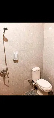 a bathroom with a toilet and a shower at Paradise Apartments in Al Aqālitah