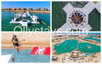 a collage of pictures of a woman on a paddle board at Ollystays Seaview Villa 3BR Heated Pool GYM-Joubal El Gouna in Hurghada