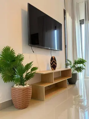 a tv hanging on a wall with two potted plants at Cozy 2BR with pool access in Hurghada