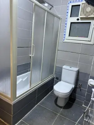 a bathroom with a toilet and a shower at Spacious Luxury Nile-View Apartment on Upper Floor with Rooftop, Jacuzzi & BBQ ,Steps from Hilton Hotel in Luxor