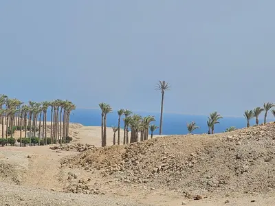 a pile of dirt with palm trees in the background at Bay View, Sahl Hashish, Hurghada in Hurghada