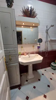 a bathroom with a sink and a mirror at Velvet Rose Apartment in Luxor