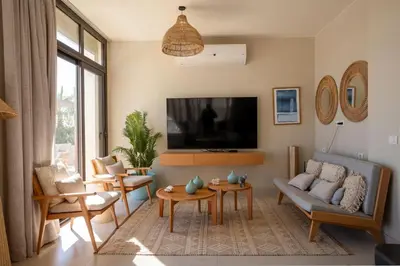 a living room with a couch and a tv at Chic Cyan 4BR Villa with Private Pool in Hurghada