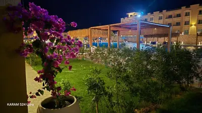 a garden with purple flowers in a pot at Bay View Resort Sahl Hashesh in Hurghada