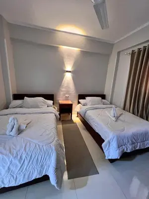 a bedroom with two beds and a night stand at The Nile Paradise in Al Aqālitah