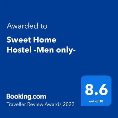 a blue text box with the words upgraded to sweet home hospital men only at Sweet Home Hostel in Hurghada