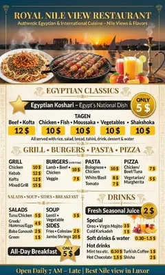 a flyer for a restaurant with a menu of food at Royal Nile Villa - Luxury Nile Sky Penthouse 1 in Al Aqālitah