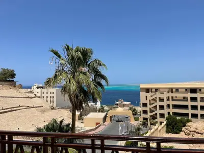 a palm tree and a building and the ocean at استديو ايجار في الغردقه 206 in Hurghada
