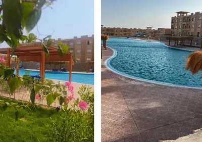 two pictures of a swimming pool and a building at Bay View Sahl Hasheesh Chalet in Hurghada