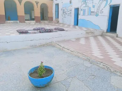 a plant in a blue pot sitting in front of a building at Arman House in Aswan