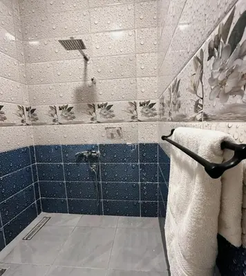 a bathroom with a shower with blue and white tiles at Morsy Palace in Luxor