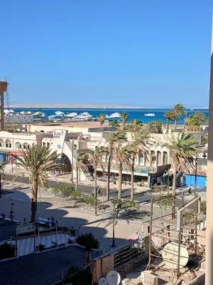 a view of a resort with palm trees and the ocean at Princess resort in Hurghada