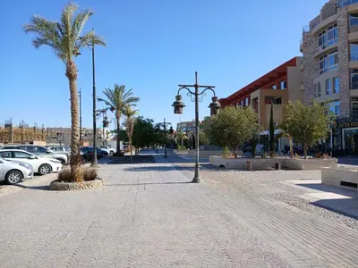 a street with palm trees and cars parked in a parking lot at Princess resort in Hurghada