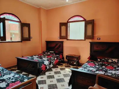 two beds in a room with orange walls and windows at Venti house in Aswan
