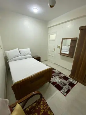 a small bedroom with a bed and a mirror at Tut Apartment in Luxor