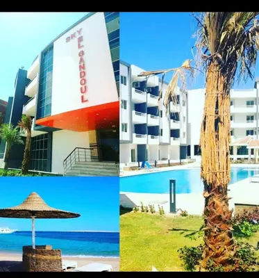 a collage of pictures of a hotel and a palm tree at Schöne Hotel -Apartment in Sky El Gandoul Hurghada in Hurghada